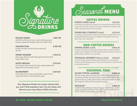 Palace Coffee Company menu in Amarillo, Texas, USA