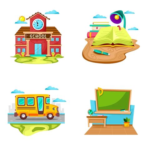 Conjunto De Dibujos Animados De Entorno Escolar Vector Premium
