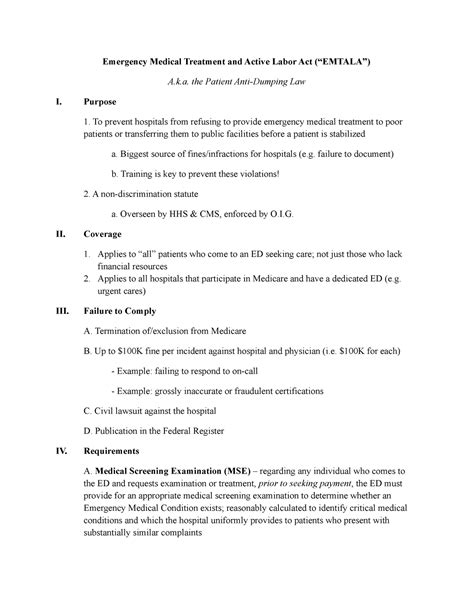 Outline Emtala Dr Turner Class Notes Emergency Medical