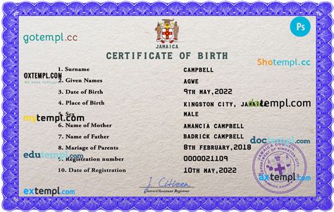 Jamaica Vital Record Birth Certificate Psd Fake Template Fully