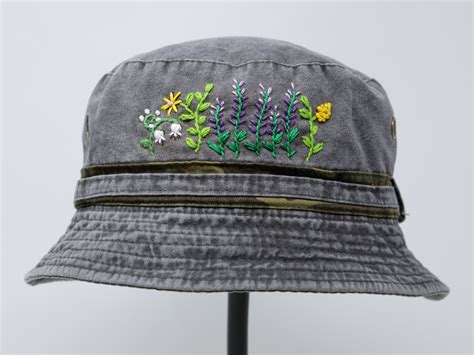 Hand Embroidered Lavender Wild Flower Bucket Hat Jean Black Etsy