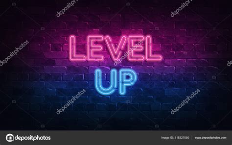 Level Up Neon Sign Purple And Blue Glow Neon Text Brick Wall Lit By Neon Lamps Night