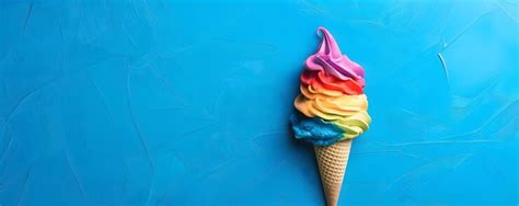 Rainbow Swirl Ice Cream Cone Against A Blue Background Premium Ai