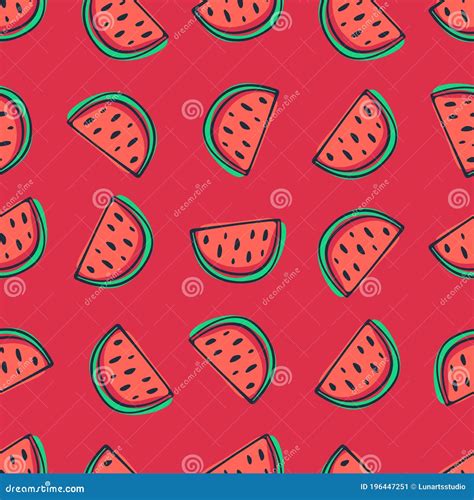 Watermelon Seamless Pattern In Sketchy Style On White Background Doodle