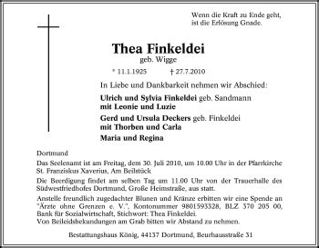 Traueranzeigen Von Thea Finkeldei Trauer In Nrw De