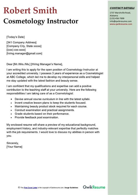 Cosmetology Instructor Cover Letter Examples Qwikresume