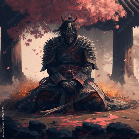 Fantasy Warrior Samurai With Sword Generate Ai Stock Illustration