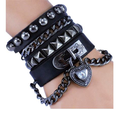 Leather Heart Trendy Black Wide Cuff Bracelet Xmas T For Teens Emo