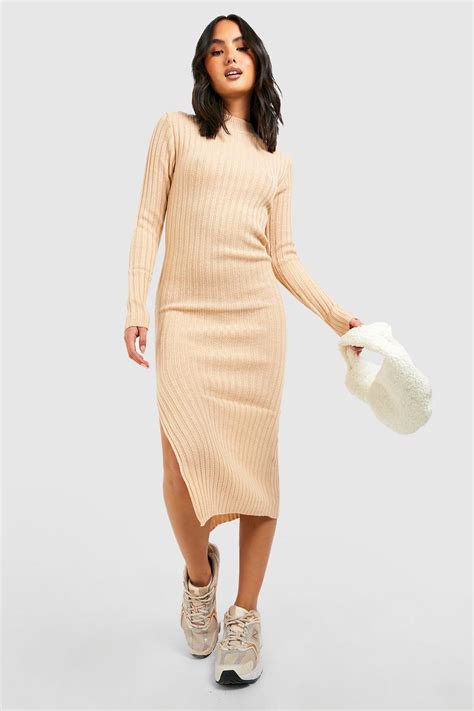 Side Split Rib Knitted Midi Dress Boohoo Uk