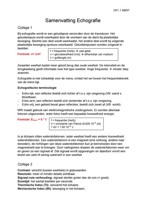 Samenvatting Echografie Mbrt Periode Jaar Samenvatting Echografie