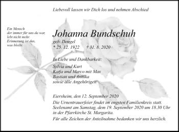 Traueranzeigen Von Johanna Bundschuh Trauerportal Ihrer Tageszeitung