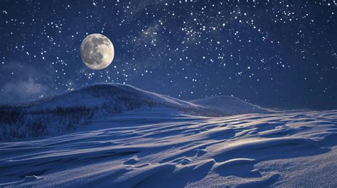 Full Moon Over Snowy Landscape Winter Night Scene Moonlight On Snow