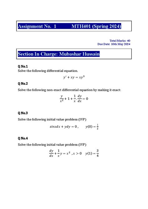 Assignment No Mth Section Incharge Mubashar Hussain Copy