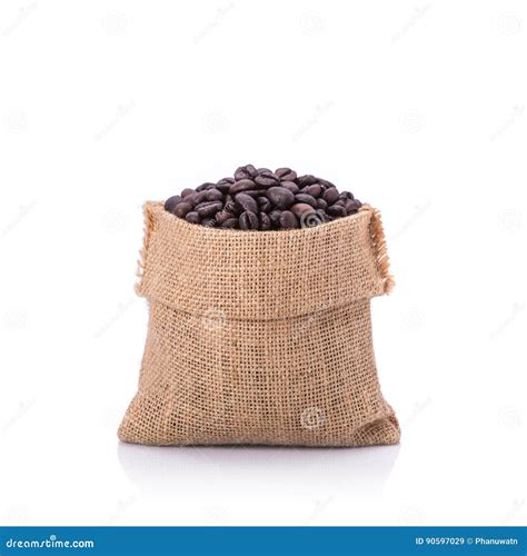 Roasted Coffee Bean In Small Sack Studio Shot Isolated On White Stock