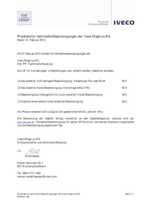 PDF Preisliste für technische Bescheinigungen der Iveco PDF