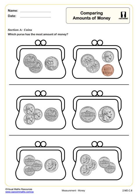 Comparing Amounts Of Money 2nd Grade Pdf Measurement And Data Worksheets