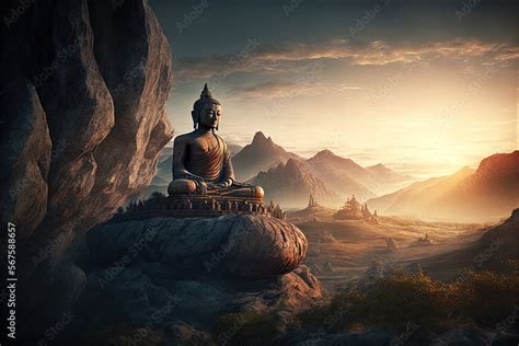 Buddhism Religion Symbol Buddha Statue At Beautiful Amazing Sunset