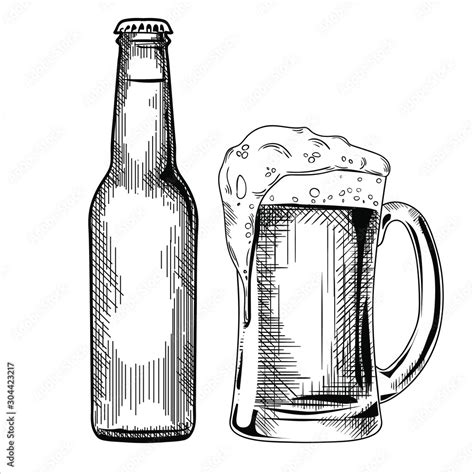 Set of the beer bottle and glass vector illustration, hand drawn sketch style Stock Vector ...