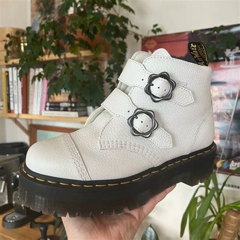 Dr Martens Devon Flower Buckle Leather Platform Boot White Milled