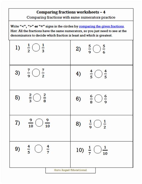 3rd Grade Comparing Fractions Worksheets