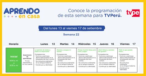 Horario De Aprendo En Casa Semana 22 Del 13 Al 17 De Setiembbre