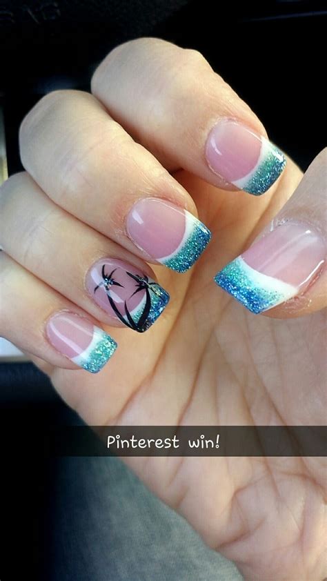 Blue Ombre French Tip Gel Nails With Palm Trees In 2024 Beach Nail