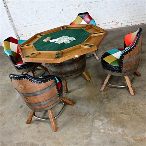 Late 20th Century Rustic Oak Whiskey Barrel Poker Table & 4 Swivel ...