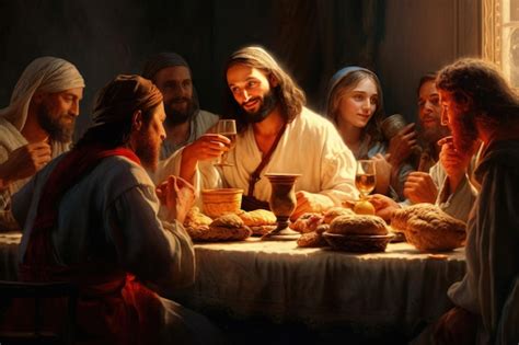 Uma Pintura De Jesus Bebendo Vinho E Comendo Comida Foto Premium