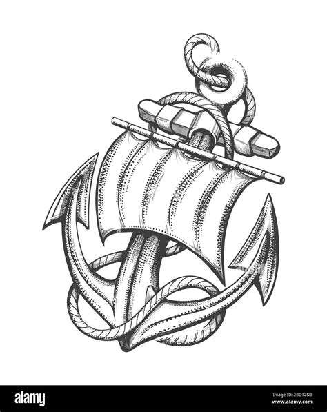 Ship Anchor with Sail and Ropes Tattoo drawn in Engraving Style. Vector ...