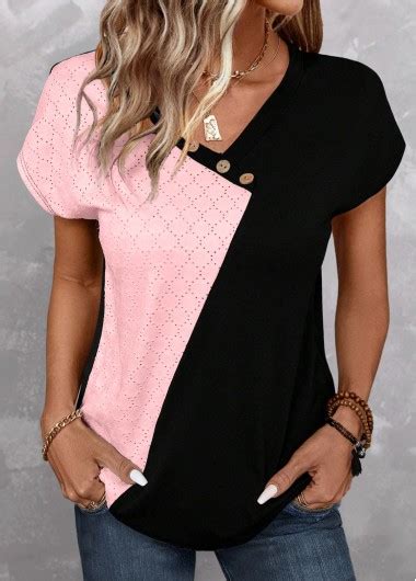 Rotita Plus Size Patchwork Light Pink V Neck T Shirt Usd