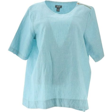 Martha Stewart Linen Blend Elbow Sleeve Blouse Zipper Sea Blue L New