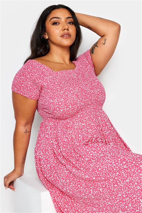 Yours Plus Size Pink Ditsy Floral Print Shirred Bardot Maxi Dress