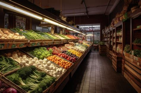 Supermarket Produce Section With Vegetable Stands Offering Variety Of