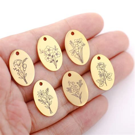 5Pcs Oval Birth Month Flower Pendants Stainless Steel Dainty Floral