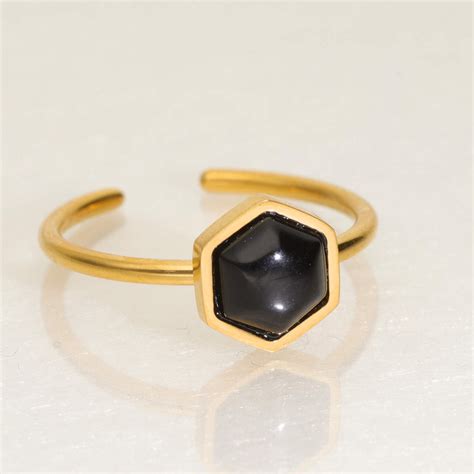 Bague Héxagone ETIKA Réglable en Acier Jaune et Agate Noire AE