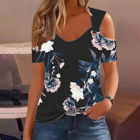 Tugoxie Floral Womens Summer Tops V Neck Black Off Shoulder Buckle