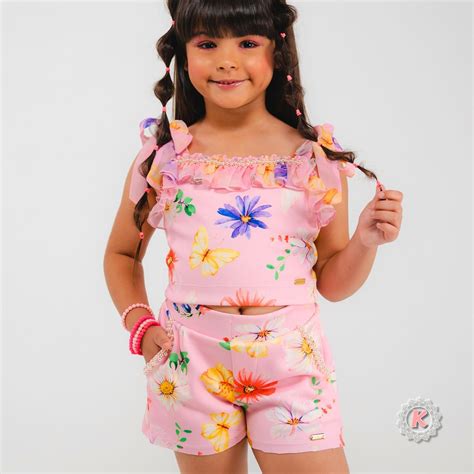 CONJUNTO DE BLUSA E SHORT NEOPRENE FLORES Kukixo Moda Infantil