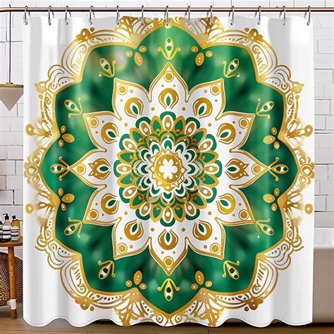 Boho Chic Mandala Shower Curtain In Green And Gold Tones Design With