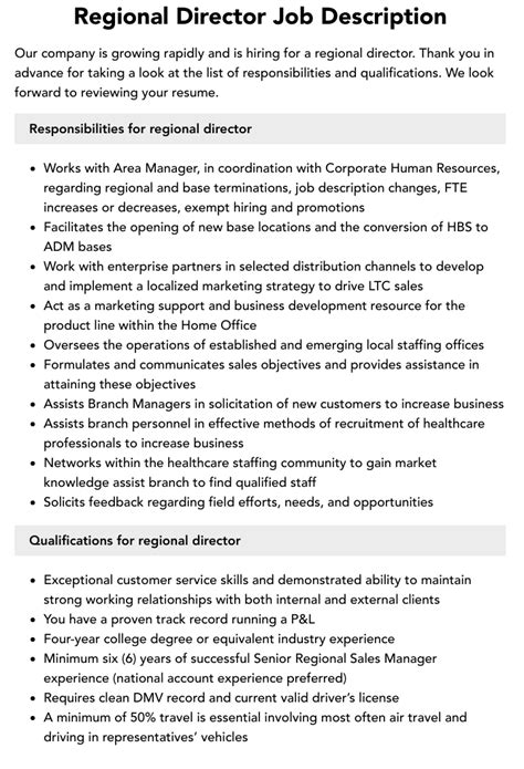 Regional Director Job Description Velvet Jobs