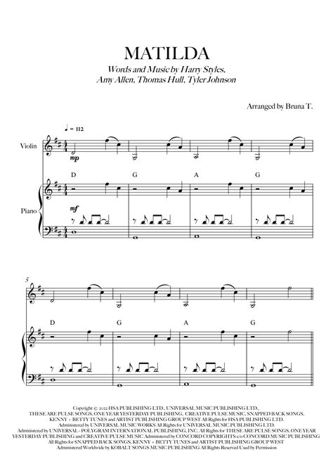 Matilda Arr Bruna T By Harry Styles Sheet Music For Violin And Piano At Sheet Music Direct