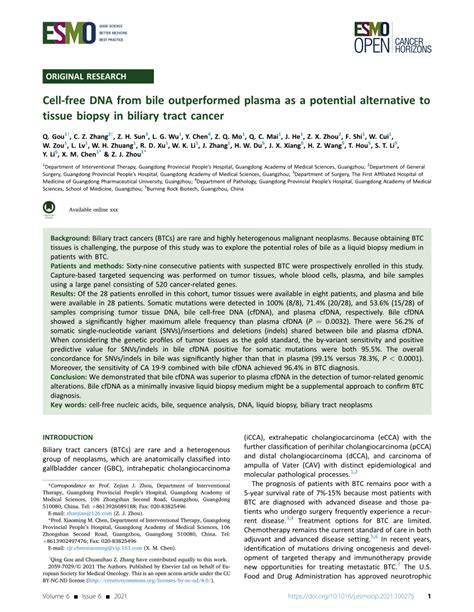 Pdf Cell Free Dna From Bile Outperformed Plasma As A Potential