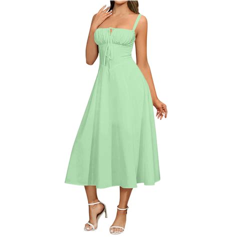 Womens Summer Square Neck Sleeveless Flowy Swing Midi Dress Wedding