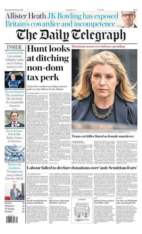 Daily Telegraph Front Page 29th Of February 2024 Tomorrows Papers Today