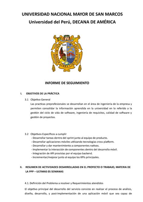 Informe Practica Pre Profesional 1 Universidad Nacional Mayor De San Marcos Universidad Del