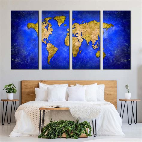 Detailed Map Canvas Wall Art, Blue Globe Abstract World Map 4 Piece ...