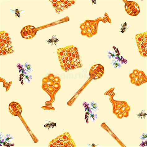 Honey Seamless Pattern With Honey Honeycombs Buckwheat Flowers And