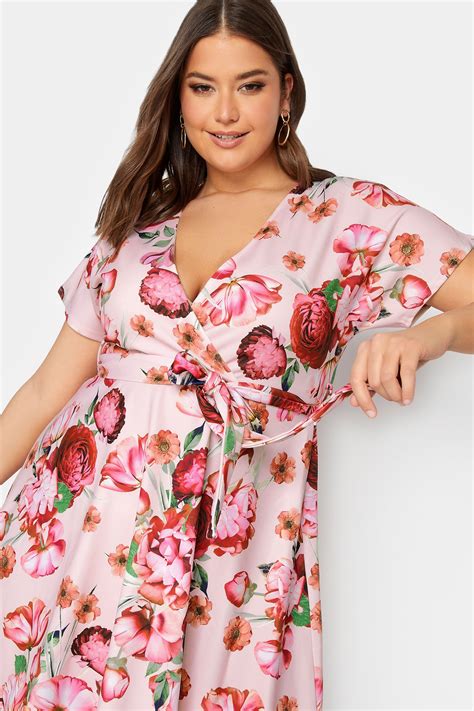 Yours London Plus Size Pink Floral Print Wrap Midi Dress Yours Clothing