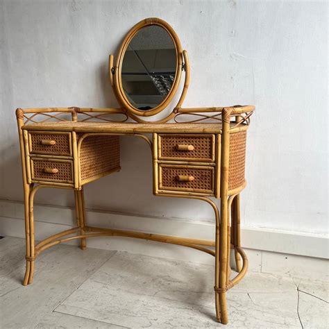 Cane And Bamboo Dressing Table With Oval Mirror For Sale At Pamono