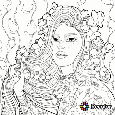 Girl With Flowers In Her Hair Coloring Page Adult Coloring Pages