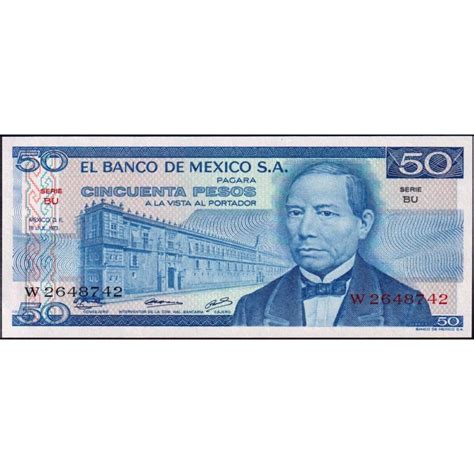 Mexique Pick 65a 50 pesos Série BU Préfixe W 18 07 1973